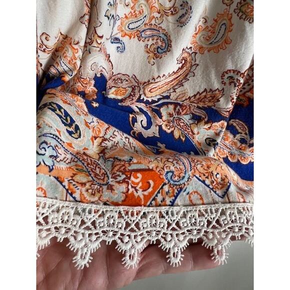 Cato EST 1946 Blue Orange Jersey Peasant Top Lace Edging Ruffle Sleeve Sz 14/ 18 - Picture 5 of 8